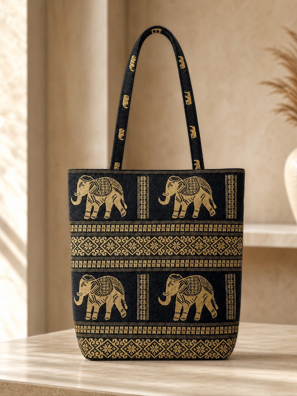 NEW Black & Gold Elephant Print Handbag Tote 12" x 12"